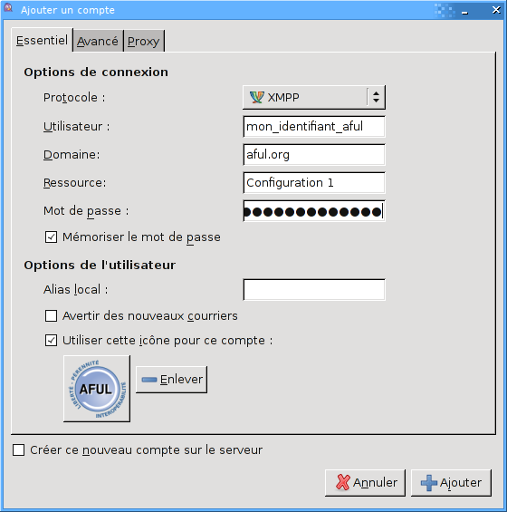 Création d'un compte Jabber AFUL